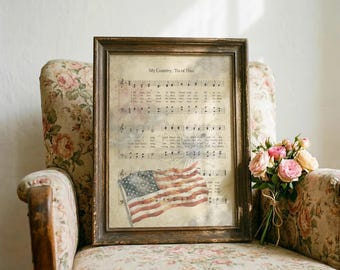 My Country Tis of Thee, Vintage American Flag Art, Patriotic Sheet Music