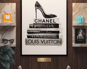 Black White Fashion Book Stack Art, Designer Shoe Print, Glam Decor (Unframed Poster)