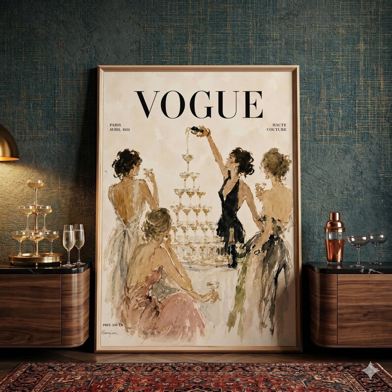 Op de afbeelding: Een ingelijste print van een vintage Vogue magazine cover. De illustratie toont vrouwen in avondjurken rond een champagnefontein. Het Vogue-logo staat bovenaan, met de tekst Paris, Avril 1931.
