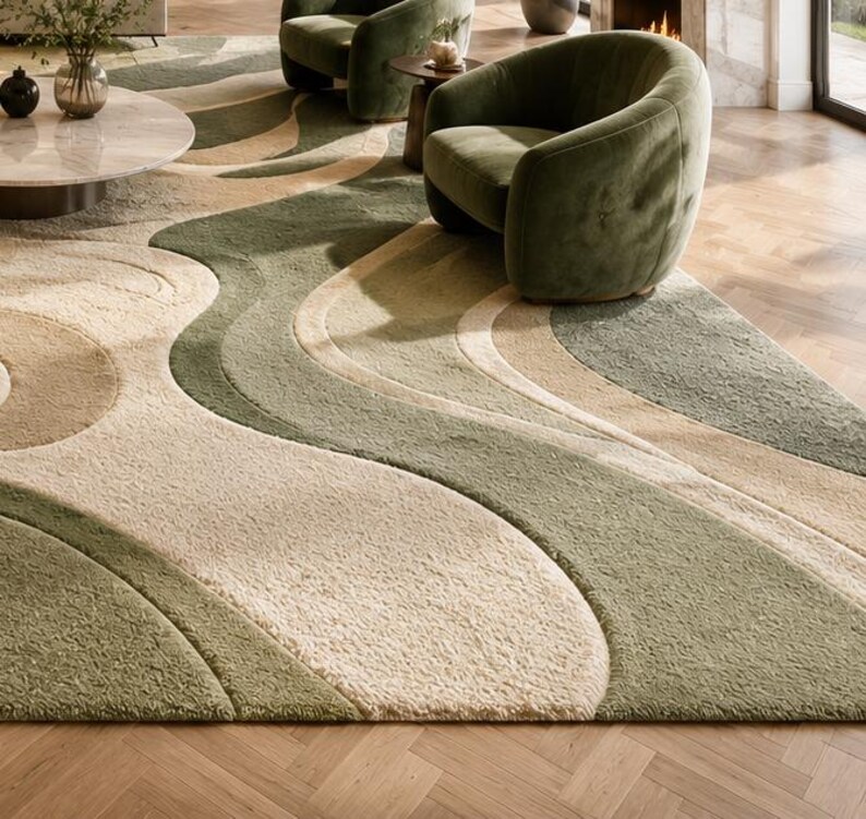 Luxury Organic Abstract Green Area Rug Handmade Tufted Modern Statement ...