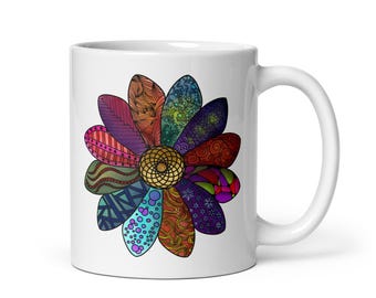 Zentangle Blommor Keramisk Mugg | Färgglad Mandala Boho Konst, Handritad Stil