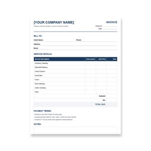 May include: A white invoice template with blue text and headings. The document includes fields for company information, client details, service descriptions, and payment terms. The invoice is designed for cleaning services.