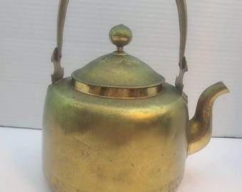 ヴィンテージ アジア製 真鍮/ブリキ製 ティーケトル 手作り、アジアのメーカーズマーク入り 1900年代