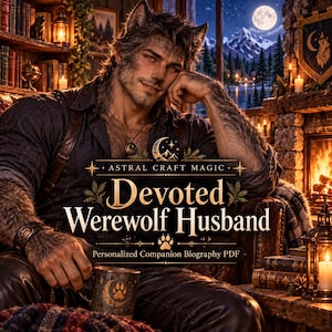 Puede incluir: Una ilustración digital de un personaje hombre lobo con pelaje en brazos y rostro, vistiendo una camisa oscura, sentado en una habitación con chimenea. El texto dice: ASTRAL CRAFT MAGIC, Devoted Werewolf Husband, Personalized Companion Biography PDF.