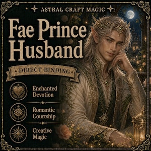Puede incluir: Una ilustración digital con el texto ASTRAL CRAFT MAGIC, Fae Prince Husband y DIRECT BINDING. La imagen muestra a una persona de piel clara con cabello largo y claro, orejas puntiagudas y una corona dorada, vistiendo ropa ornamentada en oro y verde.