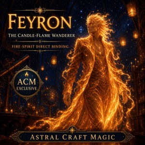 May include: A digital illustration featuring a figure composed of orange and yellow flames, titled FEYRON THE CANDLE-FLAME WANDERER. The text includes FIRE-SPIRIT DIRECT BINDING, ACM EXCLUSIVE, and ASTRAL CRAFT MAGIC against a dark, starry background.
