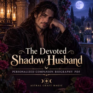 Puede incluir: Una portada de libro digital con un hombre de pelo largo y oscuro con una chaqueta de terciopelo oscuro. El texto dice: The Devoted Shadow Husband, PERSONALIZED COMPANION BIOGRAPHY PDF y ASTRAL CRAFT MAGIC. Incluye rosas rojas y luna llena.