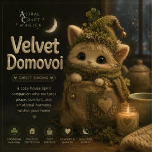Pode incluir: Ilustração de uma criatura felina de pelúcia, usando um chapéu e cachecol verde musgo, com o texto "Velvet Domovoi". A imagem inclui uma vela acesa e uma xícara de chá, sugerindo um ambiente aconchegante.