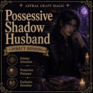 May include: A digital graphic featuring the text Astral Craft Magic, Possessive Shadow Husband, and Direct Binding. It includes icons for Intense Attention, Protective Presence, and Exclusive Devotion, alongside an illustration of a dark-haired figure.