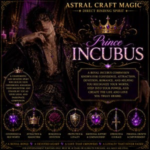 Könnte beinhalten: Eine digitale Grafik mit einer dunkelhaarigen Figur in verzierter violetter und schwarzer Kleidung mit einer Krone über dem Text Prince INCUBUS. Das Bild enthält den Text ASTRAL CRAFT MAGIC, beschreibende Absätze und sieben kreisförmige Symbole.