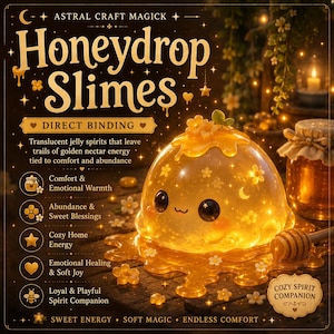 Pode incluir: Um Honeydrop Slime dourado e brilhante com um rosto fofo, adornado com flores e uma lua crescente. A imagem apresenta o texto "Honeydrop Slimes" e "Direct Binding". Também inclui um pote de mel e um pegador de mel.