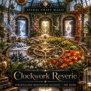 May include: A digital illustration titled Astral Craft Magic and Clockwork Reverie, featuring a large golden clock face surrounded by seasonal flora, set within a glass conservatory with three arched doorways labeled Memory, Present, and Future.