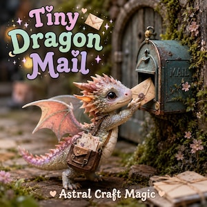 Pode incluir: Um pequeno dragão de cor clara com escamas e asas de pontas rosadas, usando uma bolsa de couro castanha cheia de envelopes, coloca uma carta numa caixa de correio de metal azul-esverdeada gasta. O texto diz Tiny Dragon Mail e Astral Craft Magic.