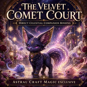 May include: A digital illustration titled THE VELVET COMET COURT DIRECT CELESTIAL COMPANION BINDING ASTRAL CRAFT MAGIC EXCLUSIVE featuring a dark purple, star-patterned creature with large ears and a glowing tail, surrounded by small glowing spirits.