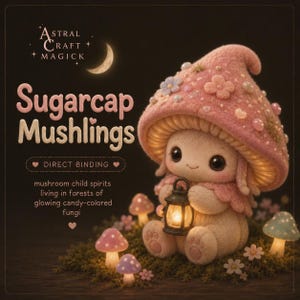 Pode incluir: Ilustração fantasiosa de um personagem em forma de cogumelo com chapéu rosa e lanterna. O texto "Sugarcap Mushlings" é exibido, juntamente com a frase "Direct Binding". A imagem evoca um tema de fantasia com fungos brilhantes.