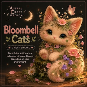Pode incluir: Ilustração de um gato branco adornado com flores, com o texto "Bloombell Cats" e "Direct Binding". O gato tem grandes olhos verdes e é cercado por uma lua crescente, estrelas e uma borboleta. O texto diz "espíritos felinos florais cujas caudas cultivam flores diferentes dependendo do seu ambiente."