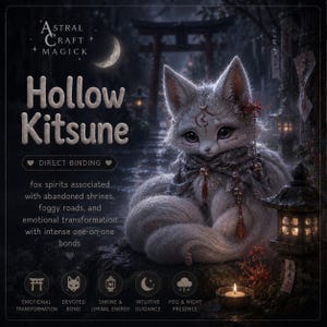Pode incluir: Ilustração de uma raposa Kitsune branca com olhos grandes, adornada com elementos decorativos. A imagem apresenta o texto "Hollow Kitsune" e "Direct Binding". O fundo retrata uma cena de floresta mística iluminada pela lua com arquitetura japonesa.