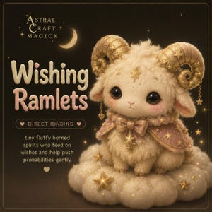 Pode incluir: Uma ilustração de um ramlet fofo e creme com olhos grandes, chifres dourados e uma capa rosa. O texto "Wishing Ramlets" é exibido acima, com "Direct Binding" abaixo. O ramlet está sentado em uma nuvem com estrelas douradas.