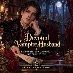 Puede incluir: Un gráfico digital que muestra a una persona de cabello oscuro con colmillos, vistiendo una chaqueta de terciopelo, con el texto Devoted Vampire Husband, Personalized Companion Biography PDF y Astral Craft Magic, en una biblioteca gótica.