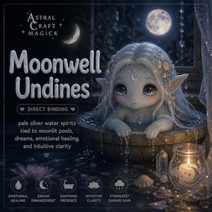 Pode incluir: Ilustração de fantasia de uma criatura de pele pálida e cabelo prateado, emergindo de uma bacia de pedra. A imagem inclui o texto "Moonwell Undines" e "Astral Craft Magick", juntamente com símbolos e texto sobre cura emocional e aprimoramento dos sonhos.