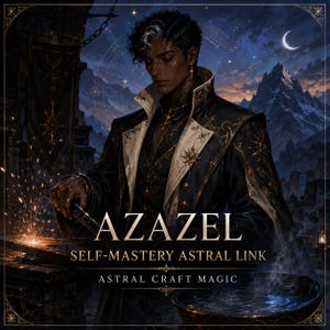 Op de afbeelding: Een digitale illustratie van een persoon in een donkere, versierde jas met gouden borduursels, werkend aan een aambeeld met rondvliegende vonken. De tekst luidt AZAZEL, SELF-MASTERY ASTRAL LINK en ASTRAL CRAFT MAGIC bij een halve maan.