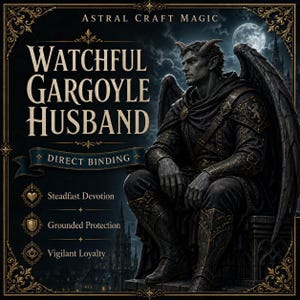 Könnte beinhalten: Eine digitale Grafik mit dem Text ASTRAL CRAFT MAGIC, WATCHFUL GARGOYLE HUSBAND und DIRECT BINDING. Darunter stehen die Phrasen Steadfast Devotion, Grounded Protection und Vigilant Loyalty. Eine geflügelte, gehörnte Figur trägt eine dunkle Rüstung.