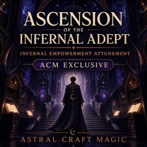 Może przedstawiać: Cyfrowa ilustracja zatytułowana ASCENSION OF THE INFERNAL ADEPT, INFERNAL EMPOWERMENT ATTUNEMENT, ACM EXCLUSIVE, ASTRAL CRAFT MAGIC. Postać w ciemnej pelerynie ze złotymi wzorami stoi przed wielkimi schodami w bibliotece z otwartymi księgami.