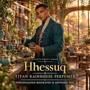 May include: A person with pointed ears wearing a teal robe with gold accents, holding a small bottle and bowl. The text reads: ASTRAL CRAFT MAGIC Hhessuq TITAN RAINHOUSE PERFUMER PERSONALIZED BIOGRAPHY & ARTWORK PDF. The setting is a lush, ornate greenhouse.
