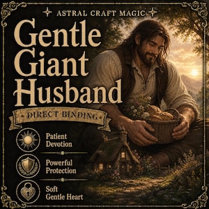 Könnte beinhalten: Eine digitale Illustration mit dem Text ASTRAL CRAFT MAGIC, Gentle Giant Husband und DIRECT BINDING. Darunter befinden sich Symbole für Patient Devotion, Powerful Protection und Soft Gentle Heart. Ein Mann hält einen Brotkorb bei einem Häuschen.