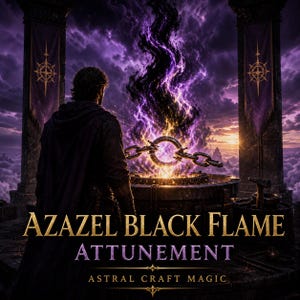 Puede incluir: Una ilustración digital con una figura con capa oscura y capucha frente a un altar de piedra con una llama violeta y naranja. Una cadena de metal flota sobre el fuego. El texto dice AZAZEL BLACK FLAME ATTUNEMENT ASTRAL CRAFT MAGIC.
