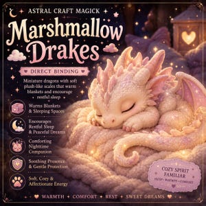 Pode incluir: Ilustração digital de um dragão branco e rosa adormecido, aninhado em um cobertor cremoso e fofo. A imagem apresenta o texto "Marshmallow Drakes" e outros textos que descrevem os recursos do produto, como "Cozy Spirit Familiar."