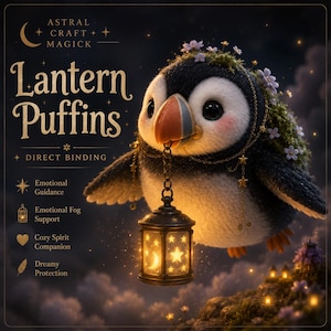 Pode incluir: Ilustração de um papagaio-do-mar segurando uma lanterna com um desenho de lua e estrelas. O papagaio-do-mar tem um corpo preto e branco, um bico colorido e é adornado com flores. O texto diz "Lantern Puffins" e "Direct Binding".