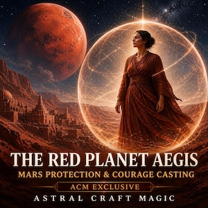Op de afbeelding: Een digitale illustratie met een persoon in een vloeiend donkerrood gewaad, staand in een gloeiende gouden bol op een rotsachtig rood landschap. Een grote rode planeet hangt in de lucht boven een stenen stad. Tekst: THE RED PLANET AEGIS, MARS PROTECTION & COURAGE CASTING, ACM EXCLUSIVE, ASTRAL CRAFT MAGIC.