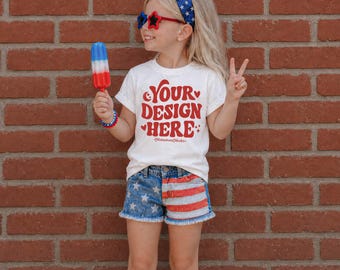 Kids Fourth of July Mockup, Bella Canvas 3001T/3001Y White, Girl Model Mock