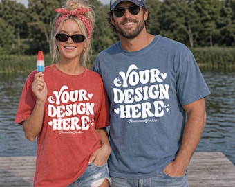Fourth of July Mockup, Comfort Colors C1717 Crimson & Blue Jean, Couples Model Mock
