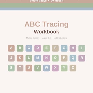 Puede incluir: Un cuaderno de trabajo para niños titulado "ABC Tracing Workbook" en tonos apagados. La portada muestra el texto "ABC Tracing Workbook" y "Muted Edition Ages 3-4 All 26 Letters". Debajo, hay baldosas de letras coloridas.