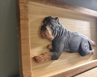 American Bully Wood Portrait, Hand Carved from Your Photo