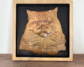 Custom Cat Wood Carving from Photo | Detailed Fur Pet Portrait