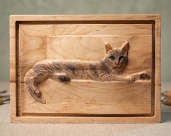 Domestic Shorthair Tabby Cat Wood Carving, Shadow Box Relief Portrait