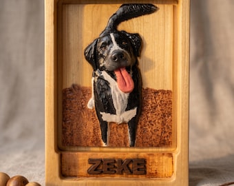 Border Collie Lab Mix Wood Portrait, Hand-Painted Relief Carving
