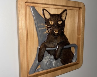 Perched Cat Wood Carving, Relief Portrait Wall Panel