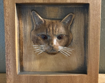 British Shorthair Cat Wood Carving, Hand Carved Relief Portrait