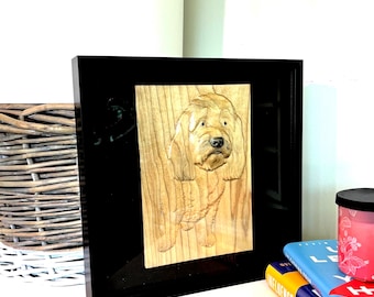 Dog Wood Carving from Photo, Hand-Finished Black Shadow Box