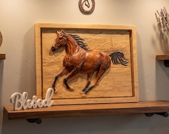 Carved Horse Relief Wood Panel, Solid Hardwood Equine Wall Art