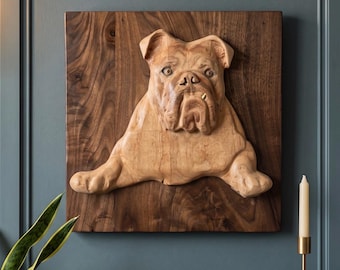 English Bulldog Relief Carving, Maple on Walnut Wall Panel