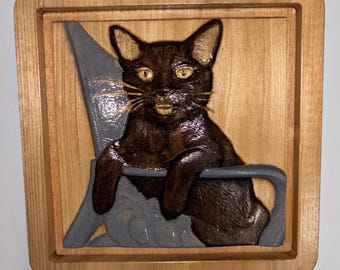 Custom Cat Portrait Wood Carving | Perched Cat Memorial Wall Art