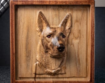 German Shepherd Wood Carving, Hand Carved Relief Portrait