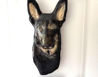 Sculpted Dog Bust Wood Carving, Modern Wall Mount