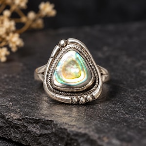 Vintage Sterling Silver Abalone Shell Ring, Triangular Southwestern Statement Ring