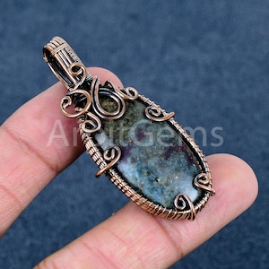 Natural Ruby in Fuchsite Copper Wire Wrapped Pendant, Boho Gemstone Necklace